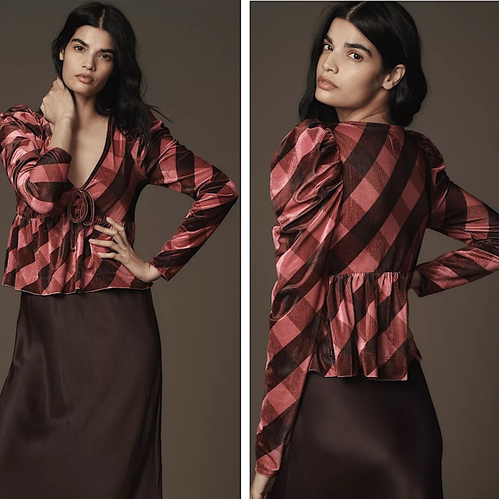Anthropologie Pink and Brown Checkered - Maeve Velvet Babydoll top
